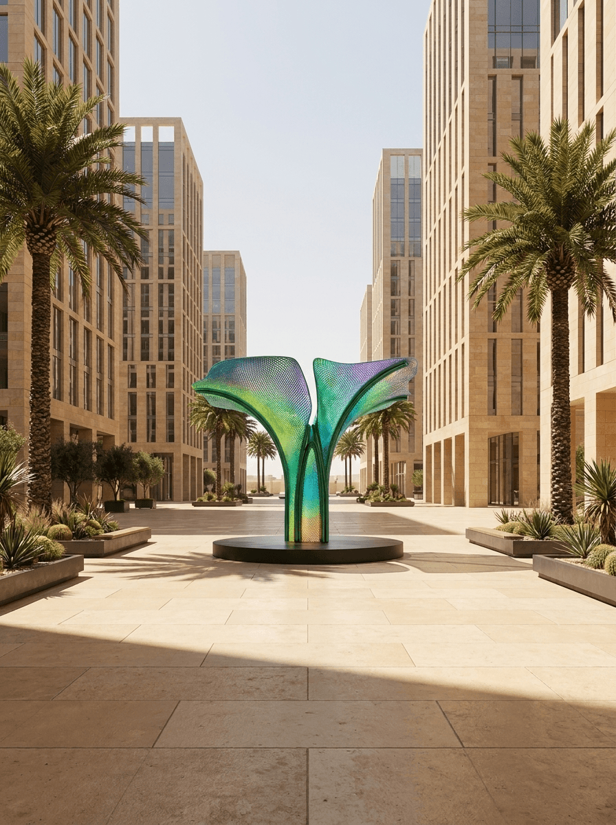 OXYLEAF™ urban tree in a palm-lined city square